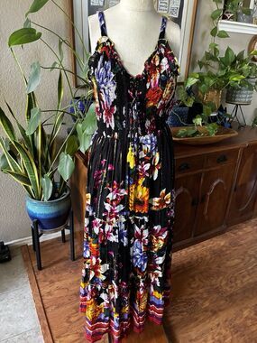 Anthropologie Maxi Floral Cottage Peasant Smocked Resort Boho XL Black Red